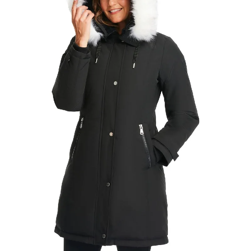 Vince Camuto Womens Faux Fur Trim Cold Weather Parka Coat Drape Front Waterfall Coat