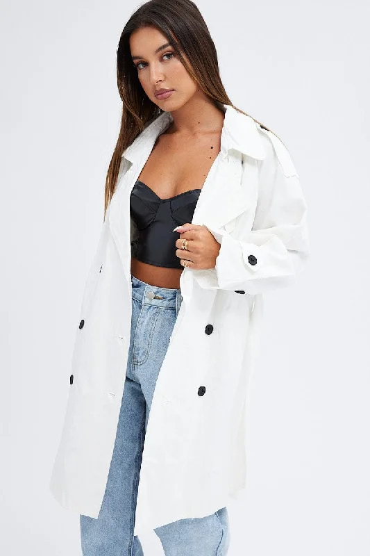 White Longline Trench Coat With Tie Casual Button Trench Coat