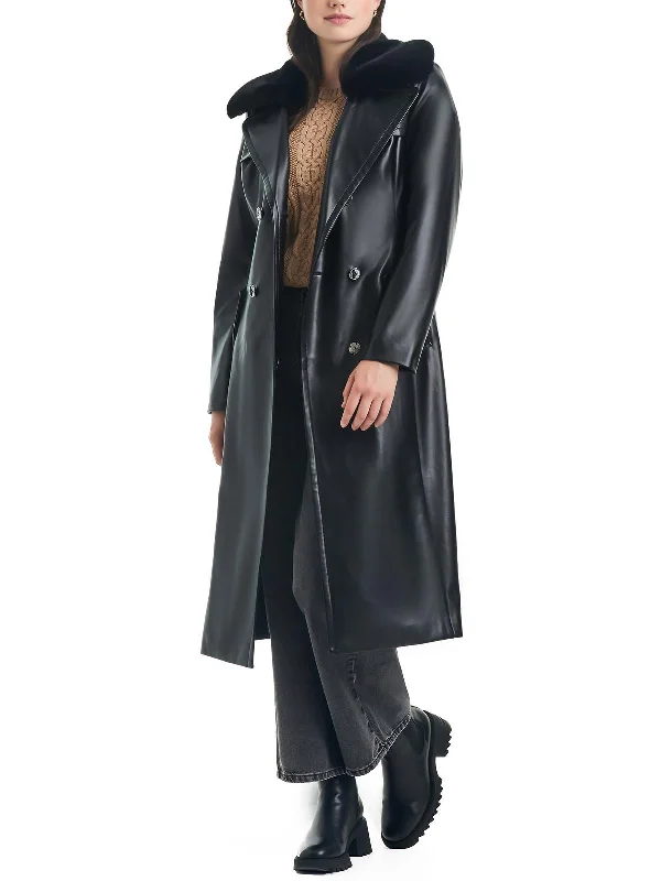 Womens Faux Leather Long Trench Coat Warm Fleece Lined Trench