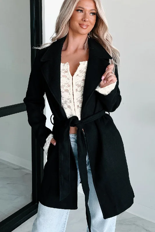Autumn Mornings Tie Waist Trench Coat (Black) Chic Military Style Trench