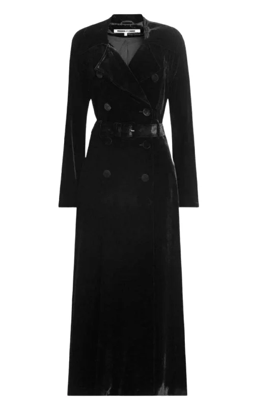 Black Silk Blend Velvet Trench Coat Double-Breasted Military Trench Coat