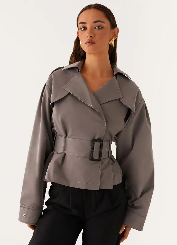 Boston Cropped Trench Coat - Charcoal Stylish Short Sleeve Trench