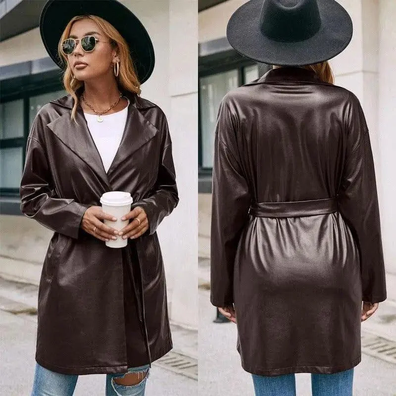 Mid-length Leather Western-lace Slim Long-sleeved Trench Soft Waterproof Trench Coat