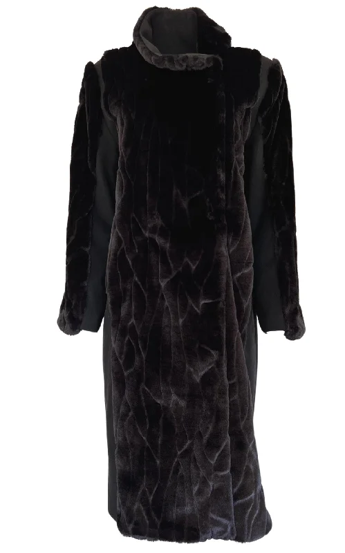 Black Faux Fur Details Long Trench Coat Warm Fleece Lined Trench