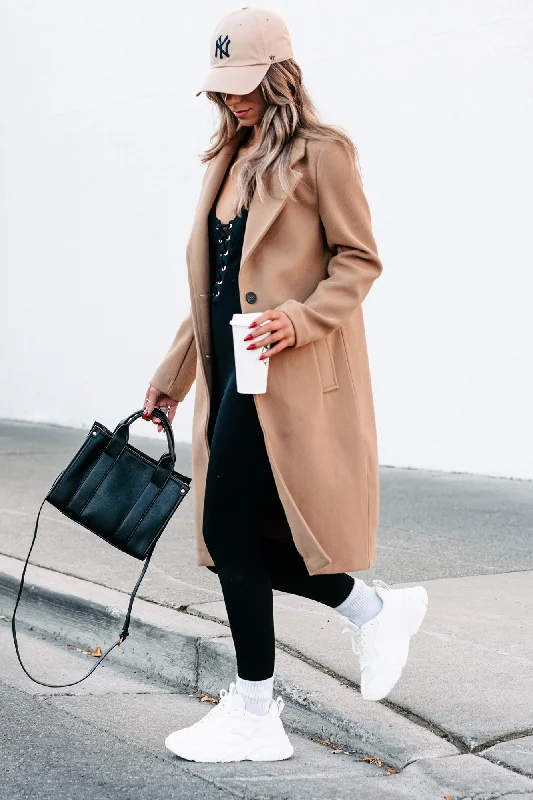 Fashionable For Fall Brushed Fleece Trench Coat (Camel) Fashionable Cropped Trench Coat