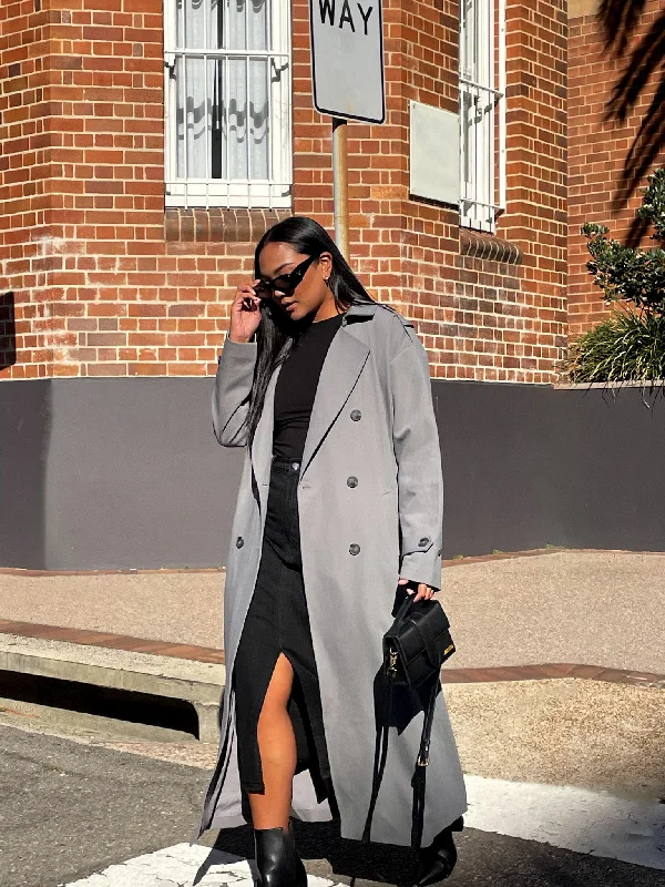 HENDRIX TRENCH COAT GREY Chic Plaid Trench Coat
