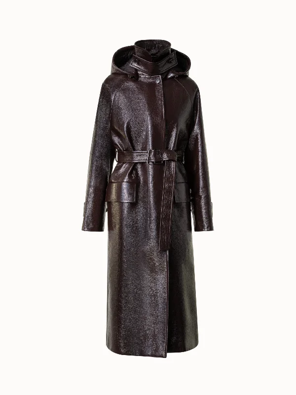 Lacquer Cotton Trench Coat with Detachable Hood Classic Long Plaid Trench
