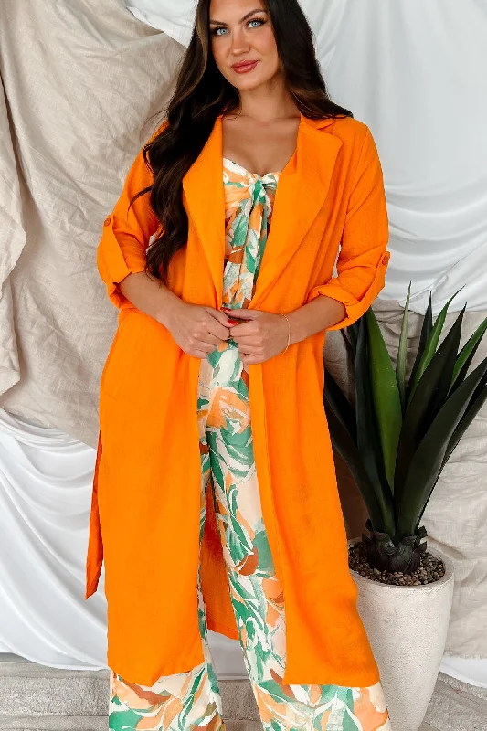 Live Colorfully Tie-Waist Linen Trench Coat (Orange) Cozy Wool Trench Jacket