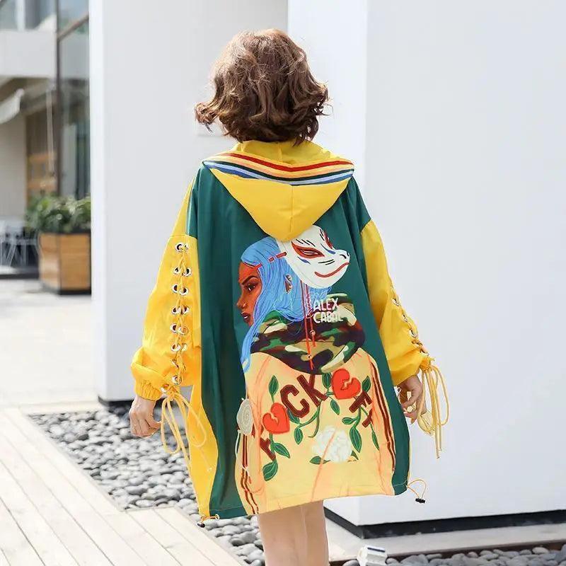 Cartoon stitching hooded trench coat Chic Loose Fit Trench