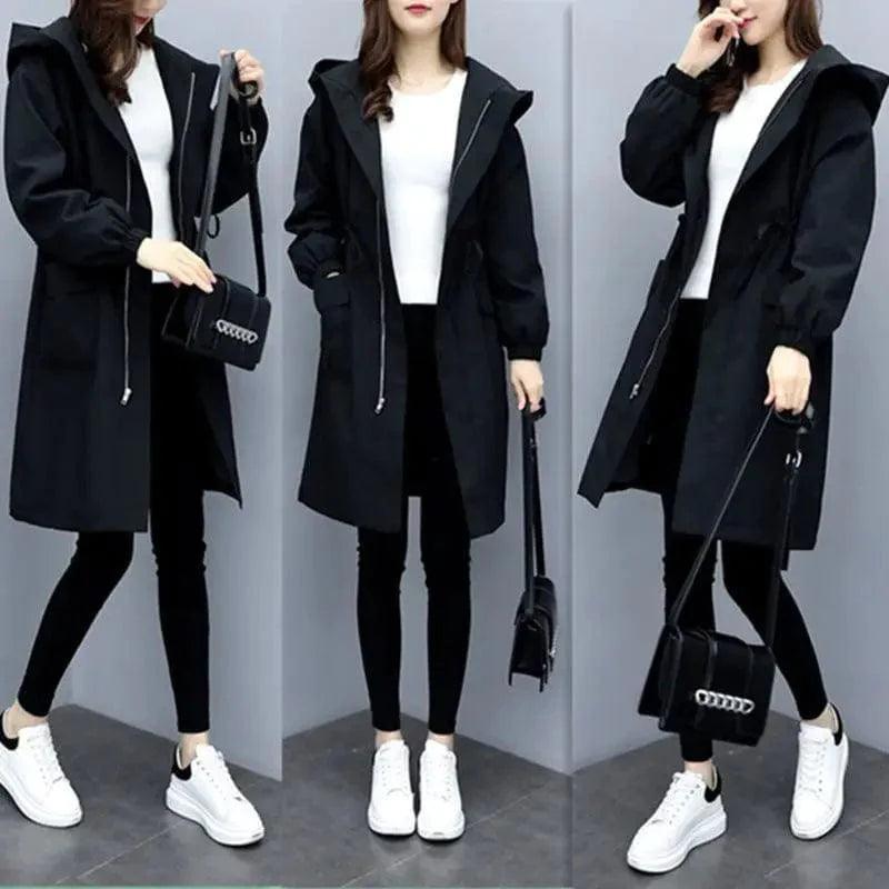 Hooded waist and velvet trench coat Fashionable Oversized Trench Coat