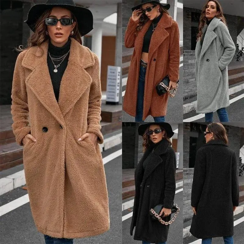 Single-breasted Mid-plush Trench Coat Loose-collar Lambswool Cozy Casual Trench Coat