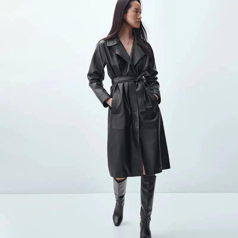 Stylish Belted Faux Leather Trench Coat Comfortable Trench Coat Design