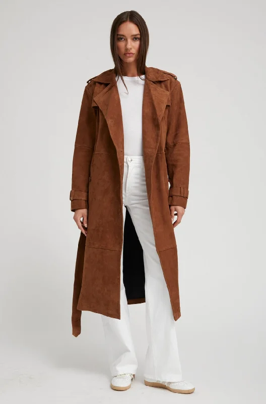 Belle de Jour Cognac Suede Trench Comfortable Belted Wool Trench