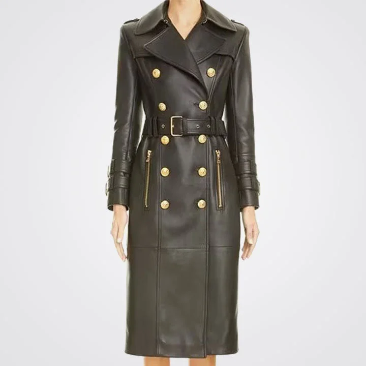 Women's Black Double Breasted Leather Trench Coat with Golden Button Stylish Faux-Fur Trench Coat
