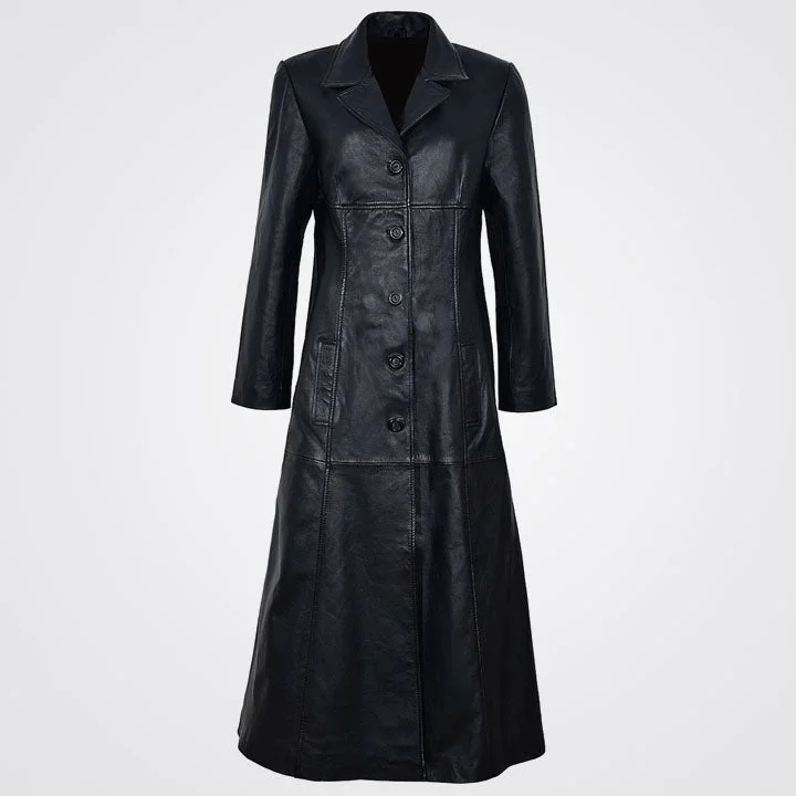 Women's Black Lambskin Leather Trench Coat Classic Tailored Trench Coat
