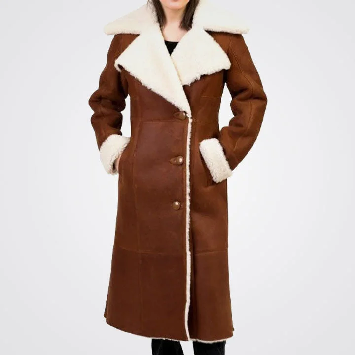Women's Brown Sheepskin Shearling Leather Trench Coat Classic Military Trench Coat