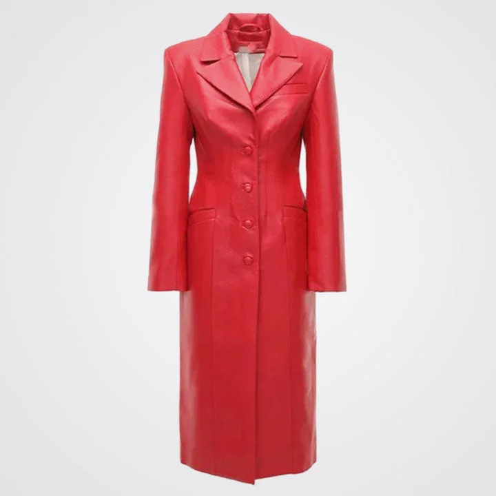 Women's Button-up Red Leather Trench Long Coat Trendy Cotton Trench Coat