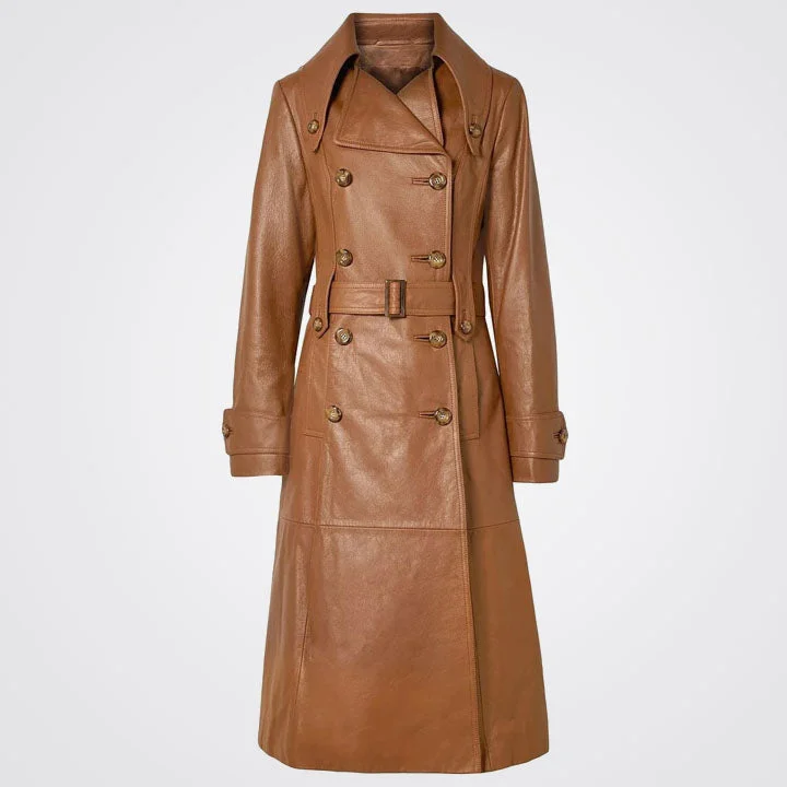 Women's Double Breasted Brown Leather Trench Coat with Notch Collar Comfortable Zip-Up Trench Coat