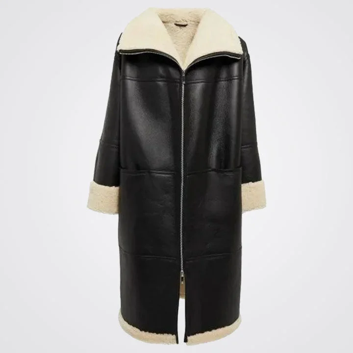Women's Real Sheepskin Aviator Black Leather Trench Coat Fashionable Double-Breasted Wool Trench