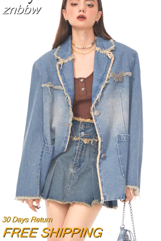 znbbw 2023 Winter Streetwear Long Sleeve Demin Blazer Women Oversize Distressed Ladies Suit Blazers Fall Female Coat Clothing Women's Fashion Blazer