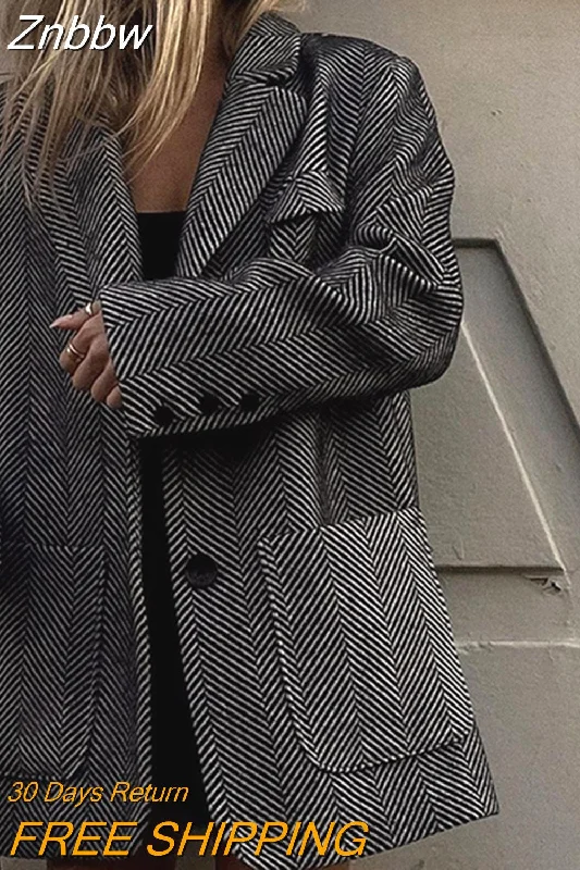 Znbbw Lapel Striped Fashion Loose Coat Casual Women's Elegant Thick Warm Blazer 2023 Autumn/Winter Female Commuter Outwear Women's Simple Blazer
