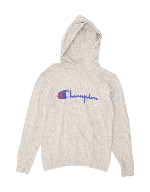 CHAMPION Womens Graphic Hoodie Jumper UK 14 Medium Grey Flecked Cotton Hoodie with Button Placket Classic Preppy