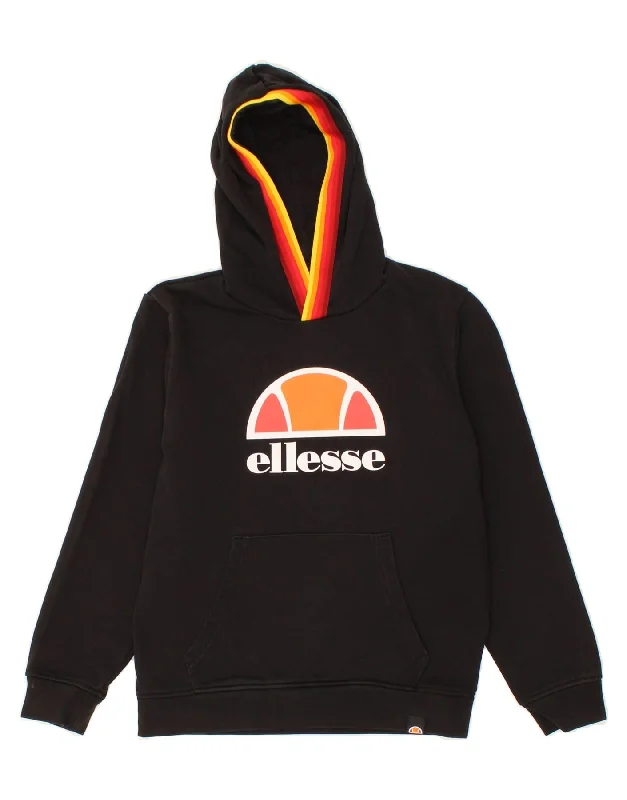 ELLESSE Boys Graphic Hoodie Jumper 9-10 Years Black Cotton Cotton Hoodie Fleece Lining Warmth