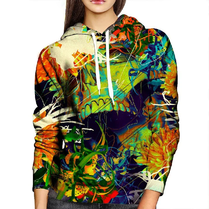 Floral Skull Green Womens Hoodie Hoodie with Strings Custom Fit Adjustable