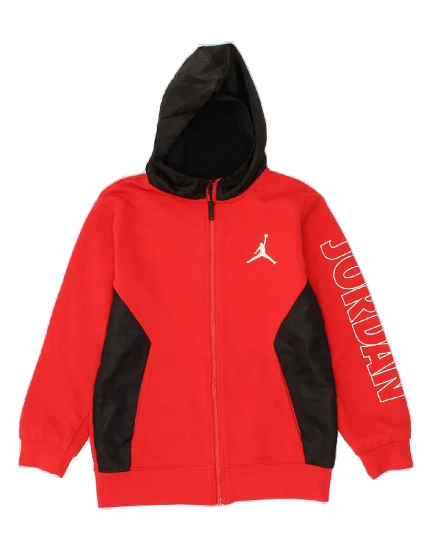 JORDAN Boys Graphic Zip Hoodie Sweater 12-13 Years Large Red Colourblock Hoodie with Hem Frayed Vintage Worn