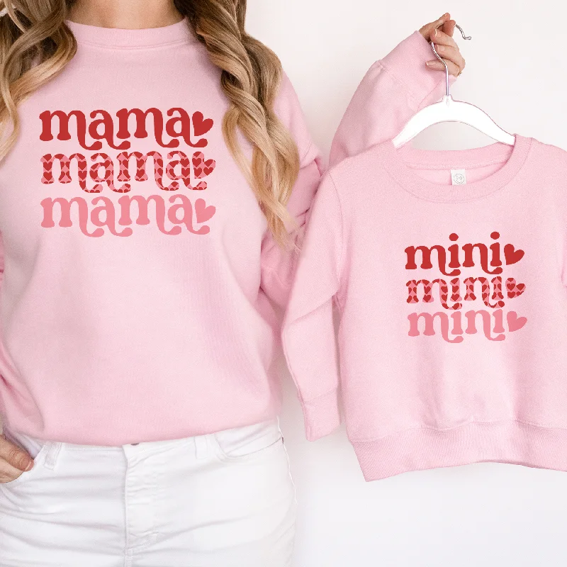 Mama & Mini Heart Print Matching Pink Sweatshirts Hoodie with Stripes Bold Sporty