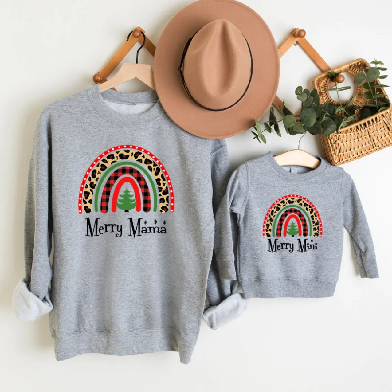 Merry Mama & Mini Christmas Rainbow Matching Grey Sweatshirts Hoodie with Hem Applique Textured Unique Merry Mama & Mini Christmas Rainbow Matching Grey Sweatshirts Hoodie with Hem Applique Textured Unique