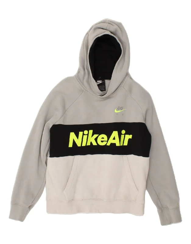 NIKE Boys Graphic Hoodie Jumper 12-13 Years Large  Grey Colourblock Hoodie with Fur Luxurious Winter