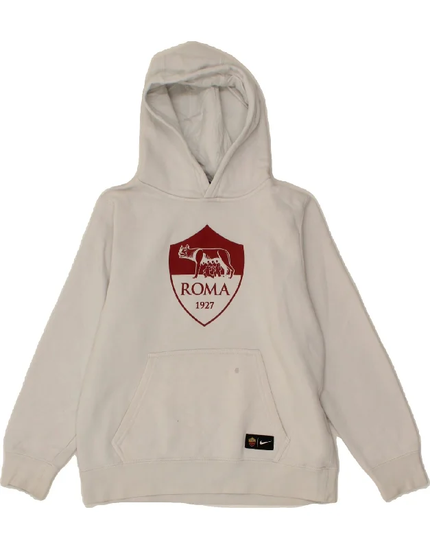 NIKE Boys Roma 1927 Graphic Hoodie Jumper 10-11 Years Medium White Cotton Hoodie with Earth Tones Natural Calm
