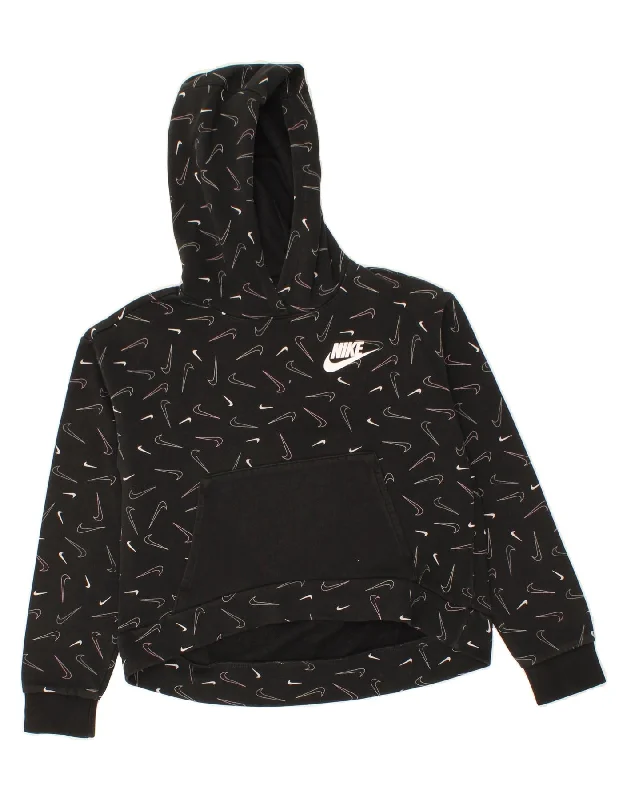NIKE Girls Graphic Hoodie Jumper 12-13 Years Black Cotton Hoodie with Front Slit Layering Stylish NIKE Girls Graphic Hoodie Jumper 12-13 Years Black Cotton Hoodie with Front Slit Layering Stylish