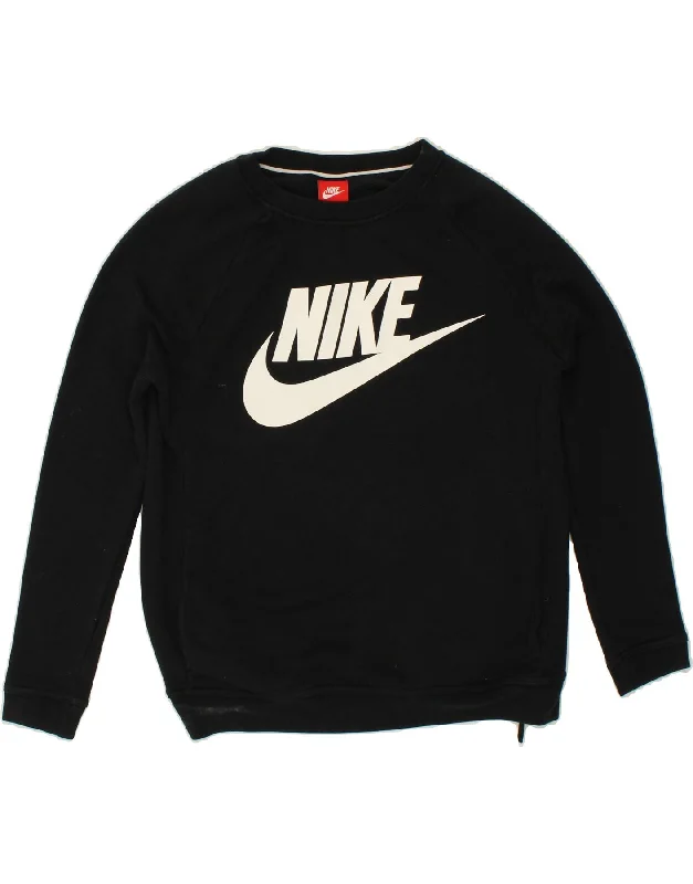 NIKE Womens Oversized Graphic Sweatshirt Jumper UK 10 Small Black Hoodie with Hem Embroidery Detailed Premium NIKE Womens Oversized Graphic Sweatshirt Jumper UK 10 Small Black Hoodie with Hem Embroidery Detailed Premium