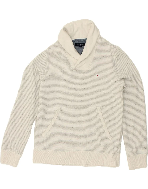 TOMMY HILFIGER Mens Shawl Neck Sweatshirt Jumper Small White Striped Hoodie with Print Artistic Unique TOMMY HILFIGER Mens Shawl Neck Sweatshirt Jumper Small White Striped Hoodie with Print Artistic Unique