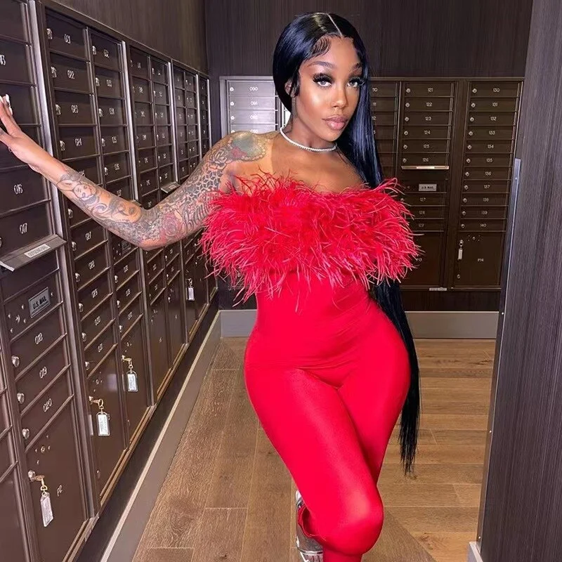 Solid Feather Strapless Jumpsuits for Women 2022 Summer Backless Slim Skinny Overalls Fashion Sexy Romper Clothes Tapered Leg Overalls
