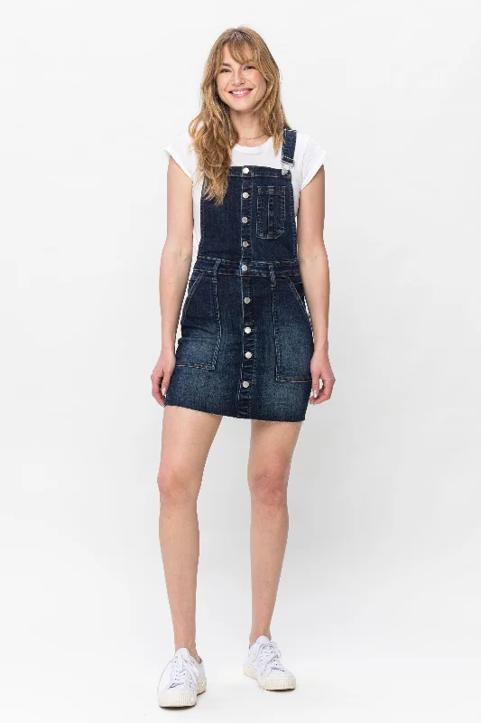 Darkwash Button & Pocketed HW Skirt Overalls One-Shoulder Elegant Jumpsuit