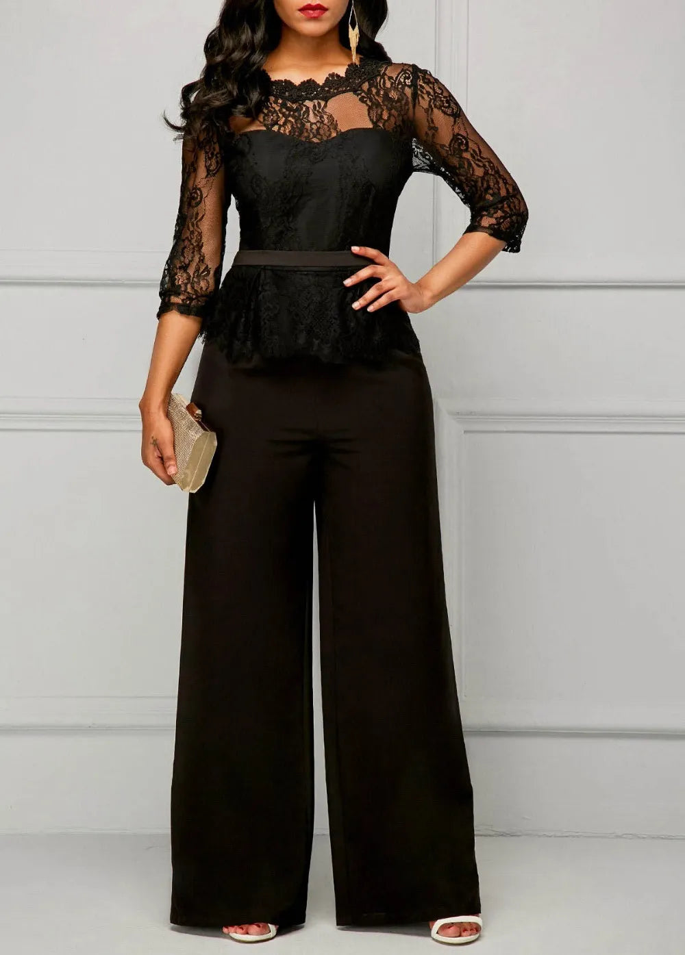 Elegant Sexy Jumpsuits Women Long Sleeve Lace Patchwork Jumpsuit Loose Trousers Wide Leg Pants Rompers Holiday Black Overalls Soft Terrycloth Romper Elegant Sexy Jumpsuits Women Long Sleeve Lace Patchwork Jumpsuit Loose Trousers Wide Leg Pants Rompers Holiday Black Overalls Soft Terrycloth Romper