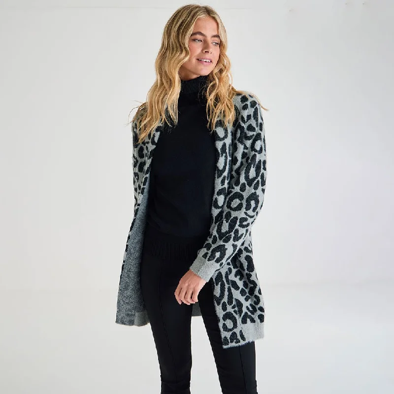 Ladies Grey Leopard Cardigan Solid Print Embellished