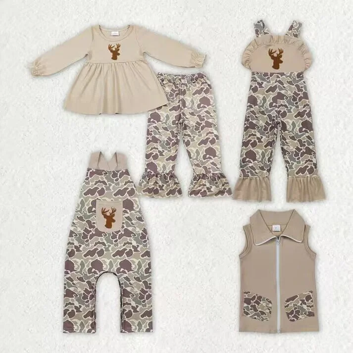 RTS NO MOQ Brown embroidered elk pattern long-sleeved suit & overalls & sleeveless romper & sleeveless zip-up vest Streetwear Cargo Overalls RTS NO MOQ Brown embroidered elk pattern long-sleeved suit & overalls & sleeveless romper & sleeveless zip-up vest Streetwear Cargo Overalls