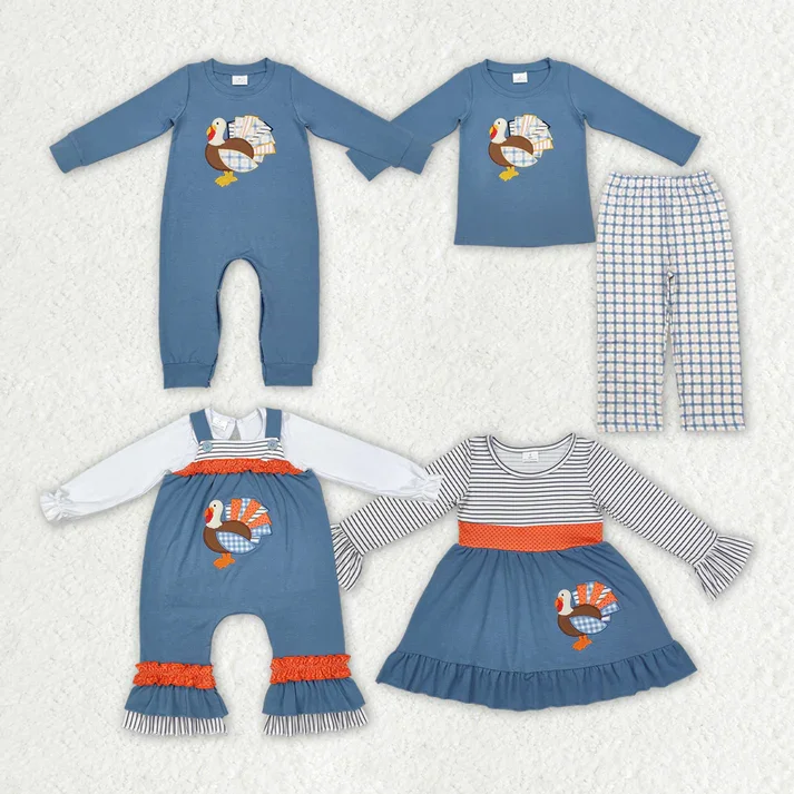 RTS NO MOQ Embroidered turkey pattern denim blue long-sleeved suit & romper & overalls & dress Utility Pocket Jumpsuit RTS NO MOQ Embroidered turkey pattern denim blue long-sleeved suit & romper & overalls & dress Utility Pocket Jumpsuit