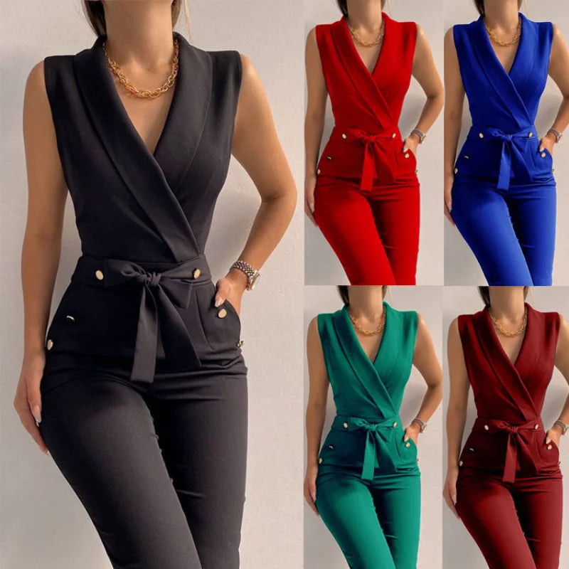 Women Jumpsuits Pants Sleevless V-neck Buttons Pocket Slim Elegant Bodysuits Rompers Outfits Trousers Causal Ladies Overalls Sleeveless Knit Overalls Women Jumpsuits Pants Sleevless V-neck Buttons Pocket Slim Elegant Bodysuits Rompers Outfits Trousers Causal Ladies Overalls Sleeveless Knit Overalls