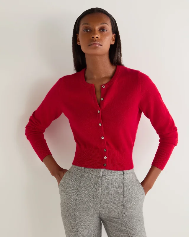 Women's Ivy Cropped Cashmere Cardigan Riding Red Collared Crew Neck Turtle Neck