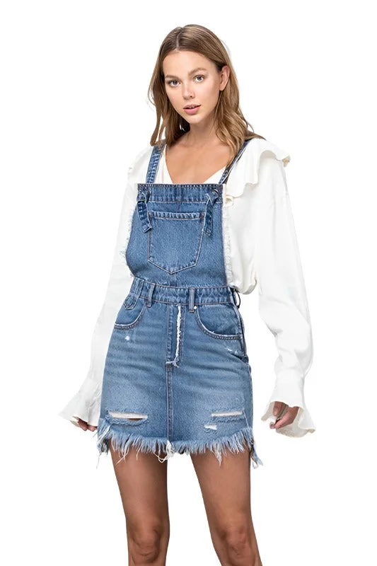 Frayed Denim Overalls Dress Utility Pocket Jumpsuit