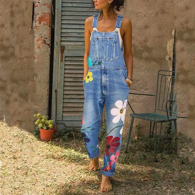Overalls For Women Floral Print Pockets  Denim Suspender Trousers Chic Belted Romper