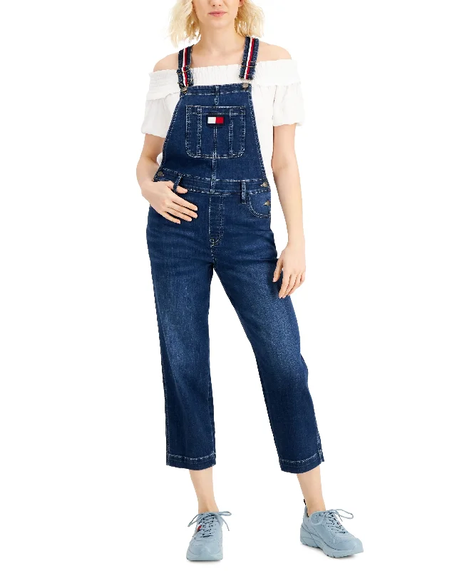 Tommy Hilfiger Womens Cropped Denim Overalls Minimalist Long Overalls