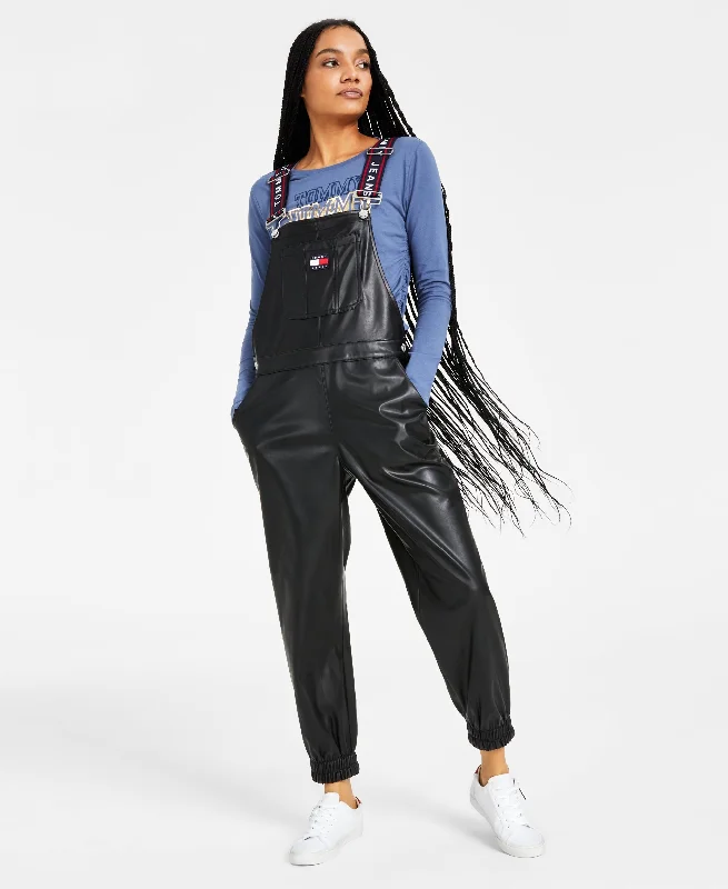 Tommy Jeans Womens Faux Leather Overalls Patch Pocket Overalls