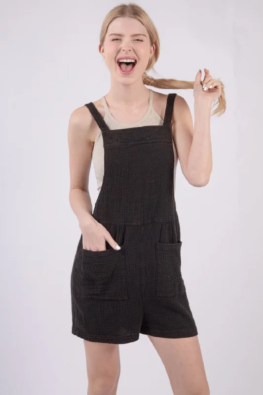VERY J Sleeveless Double Gauze Overalls with Pockets Oversized Casual Overalls