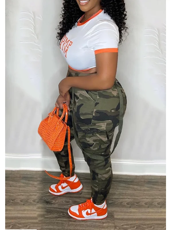 Women'S Street Fashion Camouflage Cuffed Overalls Layered Effect Jumpsuit